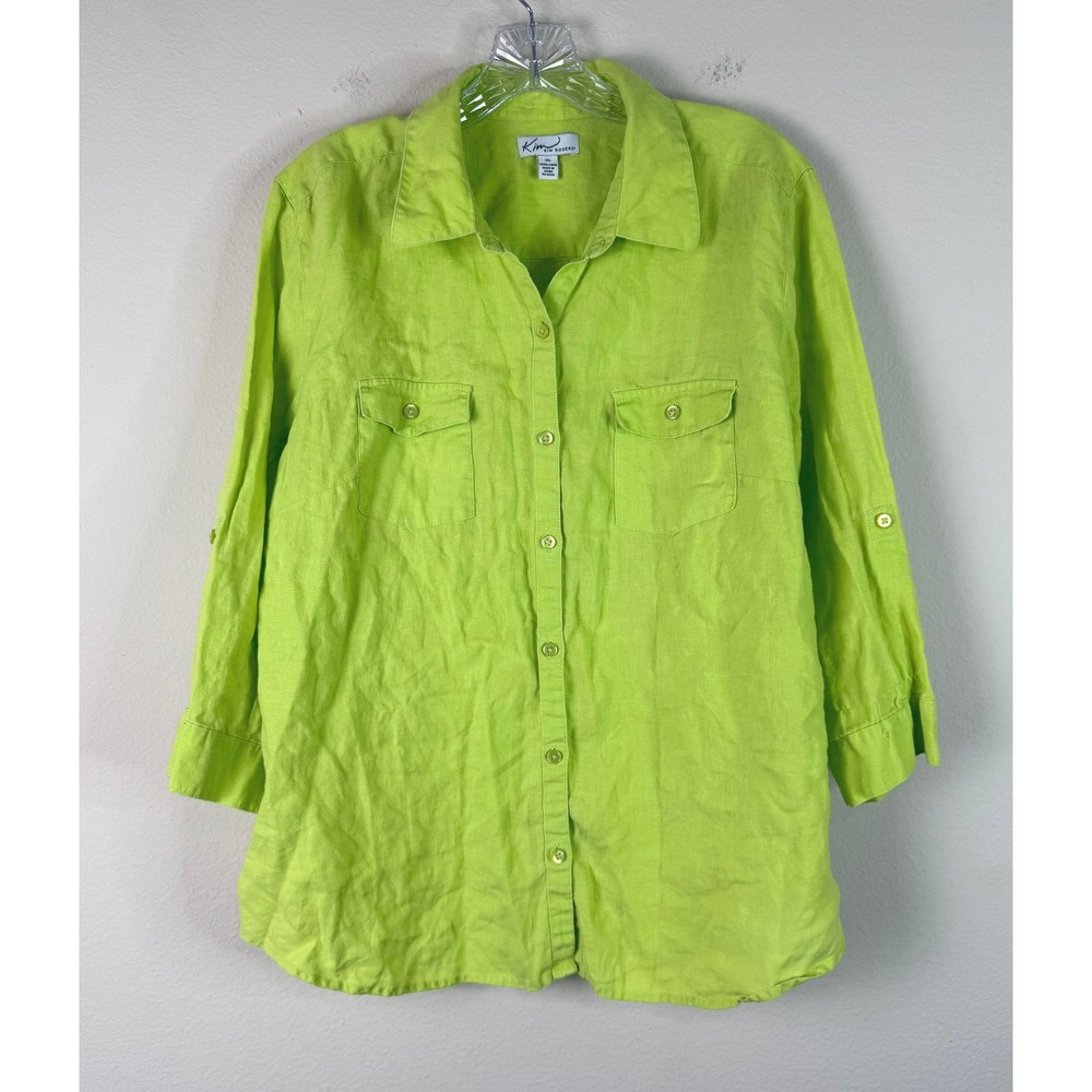 Kim Rogers Shirt Women XL Lime Green Linen Button Up Roll Tab Sleeve Pocket